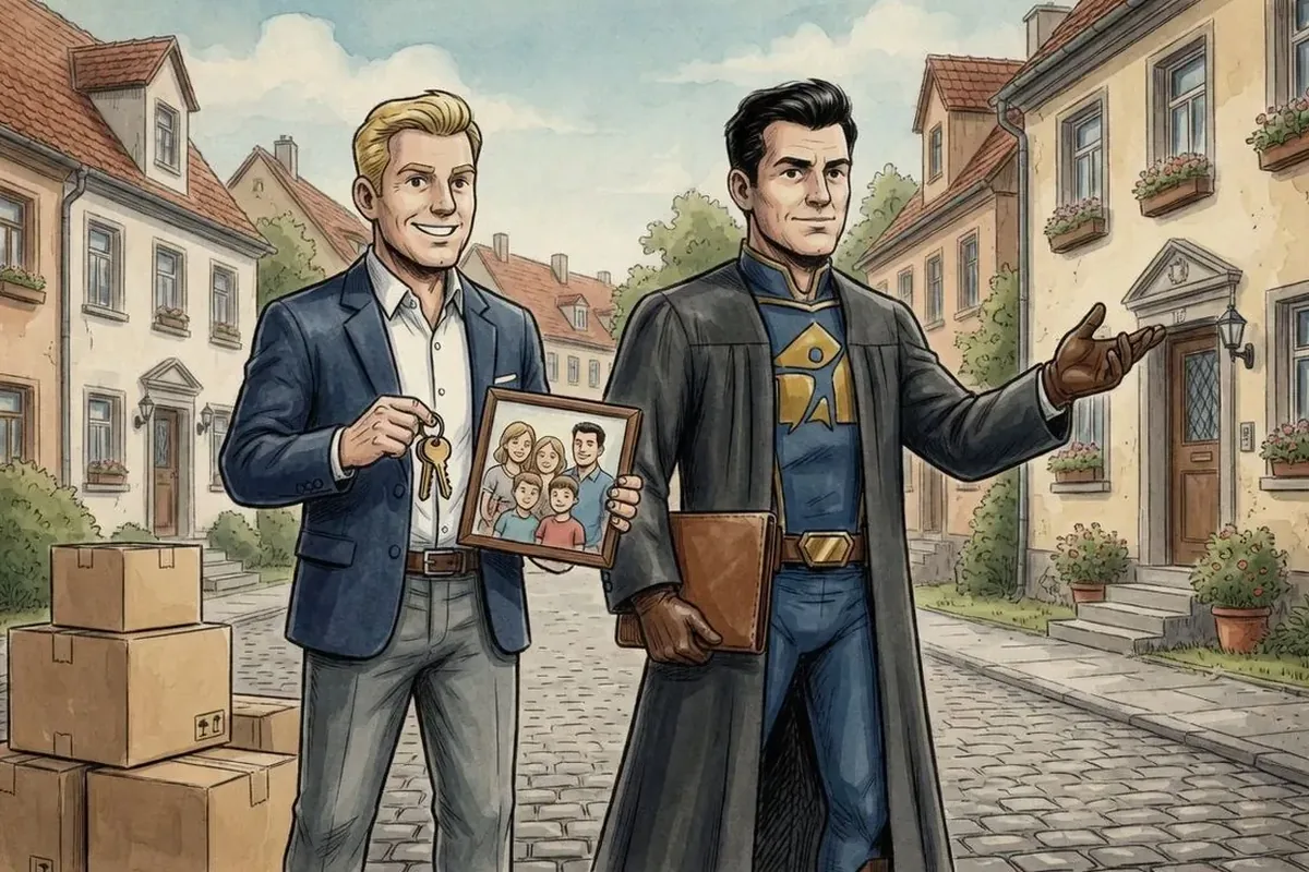 Jayson zeigt dem Vermieter mit dem Familienfoto den Weg zu seinem Haus