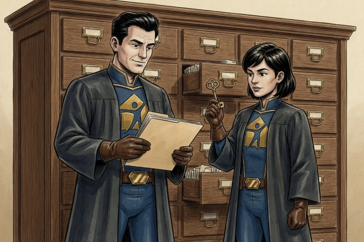 Jayson und Jaysa vor einem großen Aktenschrank mit vielen Schubladen